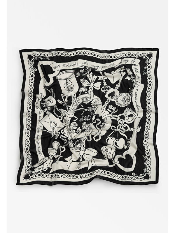Fresh Scarfs Black Eternal Love Desen Floş Viskon Eşarp
