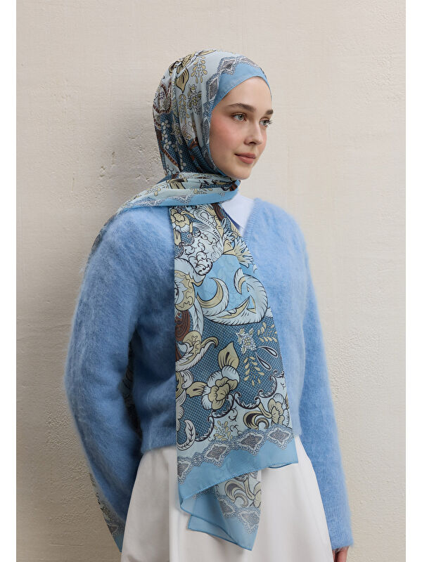 Fresh Scarfs Poppıes Desen İpek Krep Şal İndigo