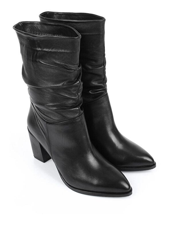 SİYAH Hakiki Deri Sivri Burun Körüklü Topuklu Kadın Günlük Çizme 44579 - Görsel 3