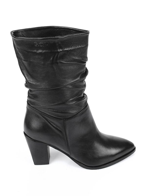 SİYAH Hakiki Deri Sivri Burun Körüklü Topuklu Kadın Günlük Çizme 44579 - Görsel 5