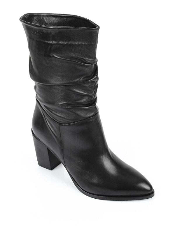 SİYAH Hakiki Deri Sivri Burun Körüklü Topuklu Kadın Günlük Çizme 44579 - Görsel 6