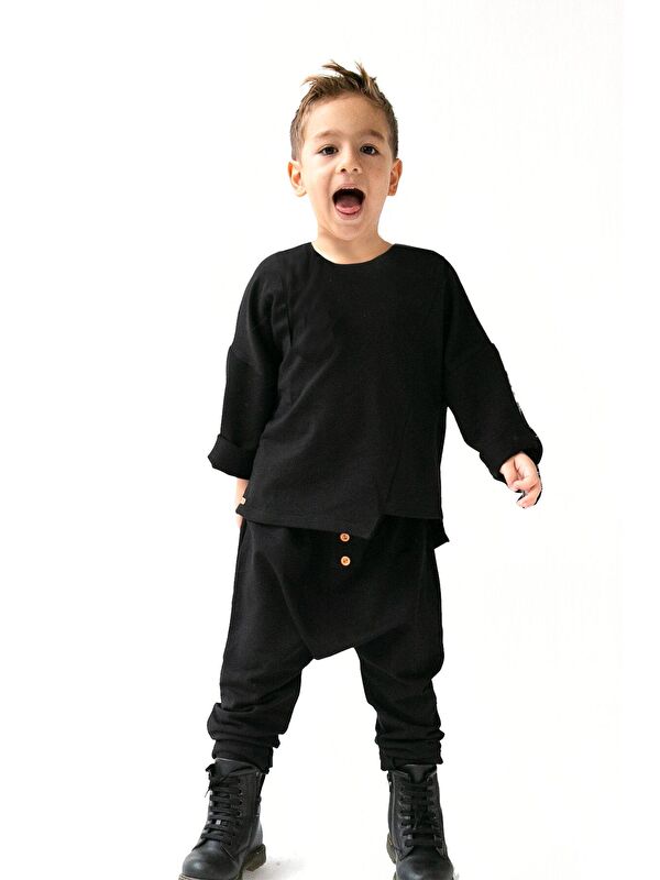 Catz Kids Erkek Çocuk Takım - Siyah Penye Harem + Siyah Penye Çapraz Kesim Sweat