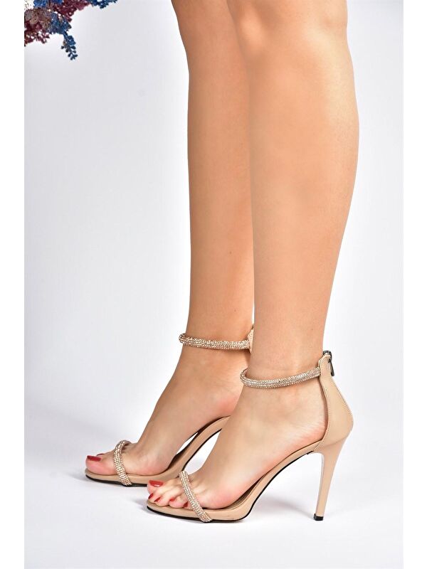 Ten/Bronz Tek Bant Taşlı Kadın Abiye Ayakkabı M251800009 - Görsel 4