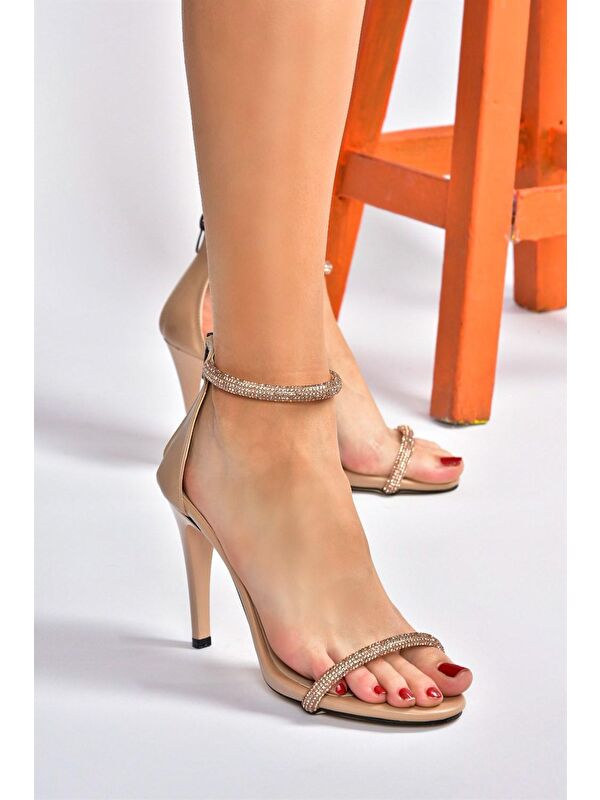 Ten/Bronz Tek Bant Taşlı Kadın Abiye Ayakkabı M251800009 - Görsel 5