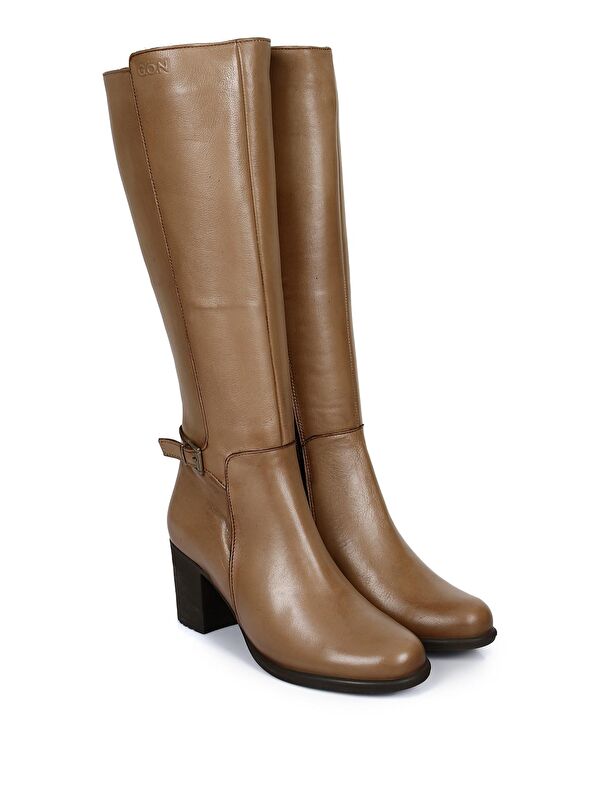 VİZON Hakiki Deri Yuvarlak Burun Kauçuk Taban Topuklu Fermuarlı Tokalı Kadın Günlük Çizme 46501 - Görsel 3
