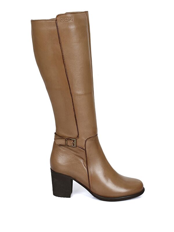 VİZON Hakiki Deri Yuvarlak Burun Kauçuk Taban Topuklu Fermuarlı Tokalı Kadın Günlük Çizme 46501 - Görsel 5