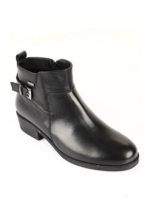 SİYAH Hakiki Deri Yuvarlak Burun Kauçuk Taban Topuklu Fermuarlı Tokalı Kadın Günlük Bot 48444 - Görsel 6