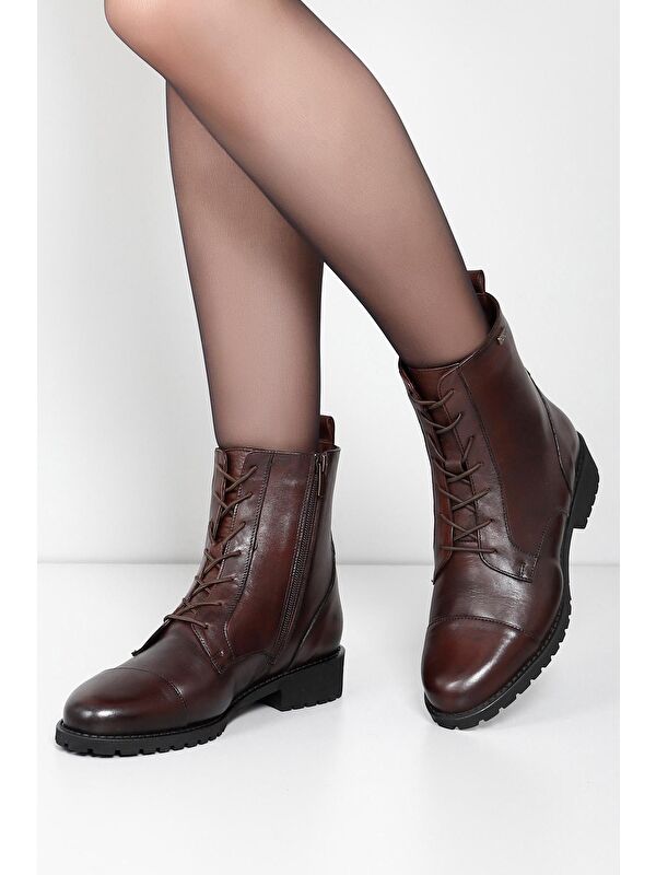 Hakiki Deri Yuvarlak Burun Kauçuk Taban Topuklu Fermuarlı Bağcıklı Kadın Günlük Postal Bot 46498 - Görsel 3