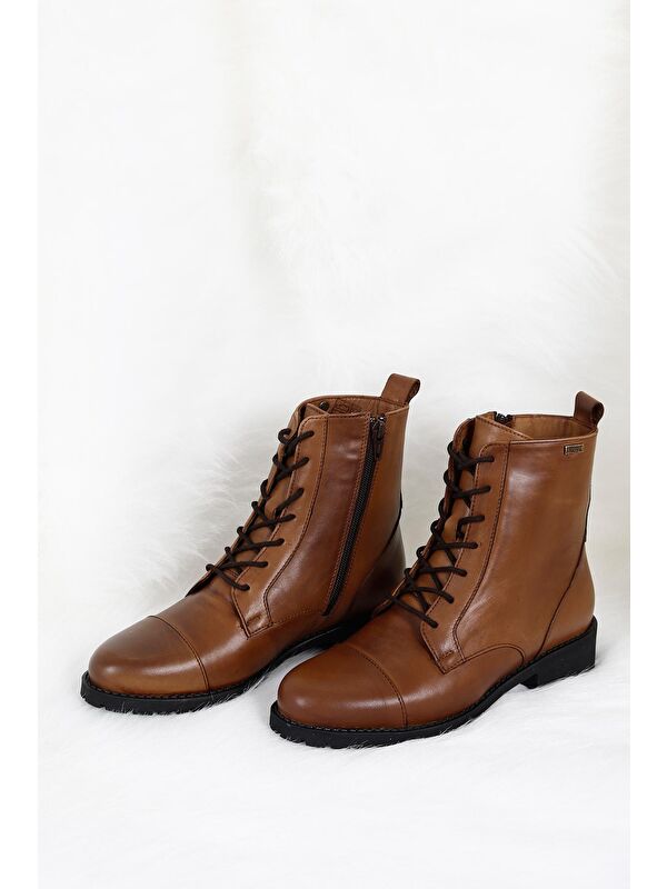 Hakiki Deri Yuvarlak Burun Kauçuk Taban Topuklu Fermuarlı Bağcıklı Kadın Günlük Postal Bot 46498 - Görsel 3