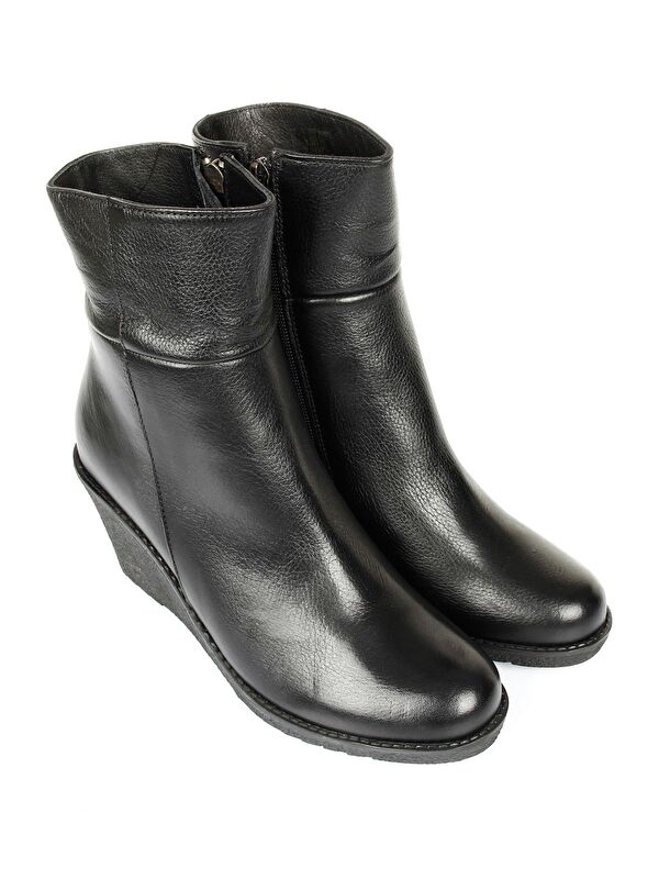 Hakiki Deri Yuvarlak Burun Kauçuk Dolgu Taban Topuklu Fermuarlı Kadın Günlük Bot 46416 - Görsel 3