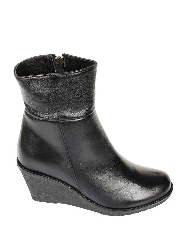 Hakiki Deri Yuvarlak Burun Kauçuk Dolgu Taban Topuklu Fermuarlı Kadın Günlük Bot 46416 - Görsel 5