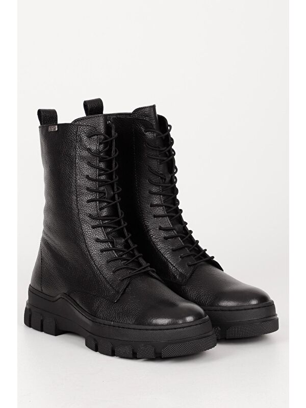 SİYAH Hakiki Deri Yuvarlak Burun Fermuarlı Bağcıklı Kadın Günlük Bot 55415 - Görsel 3