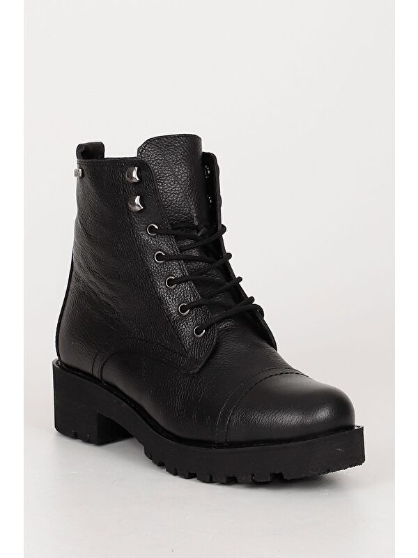 Hakiki Deri Yuvarlak Burun Kauçuk Taban Topuklu Fermuarlı Bağcıklı Kadın Günlük Postal Bot 46461 - Görsel 6