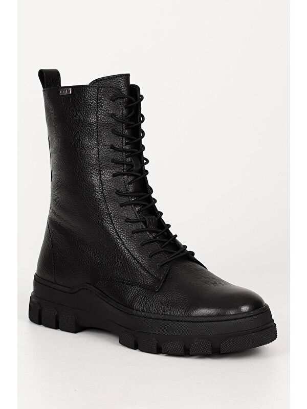 SİYAH Hakiki Deri Yuvarlak Burun Fermuarlı Bağcıklı Kadın Günlük Bot 55415 - Görsel 6