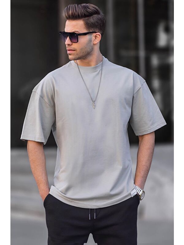 Madmext Erkek Boyalı Gri Oversize Fit Basic %100 Pamuk Tişört 6066
