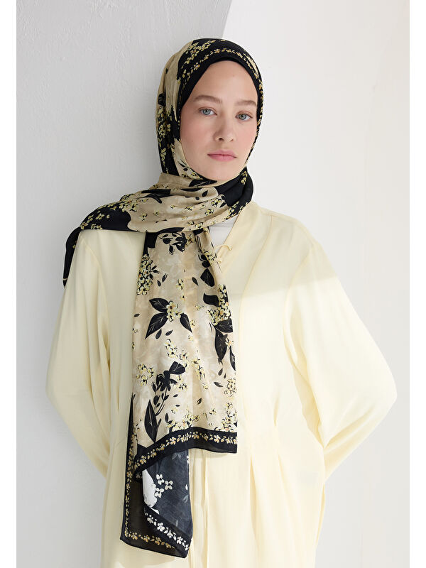 Fresh Scarfs Tıny Plumerıa Floş Viskon Şal Siyah