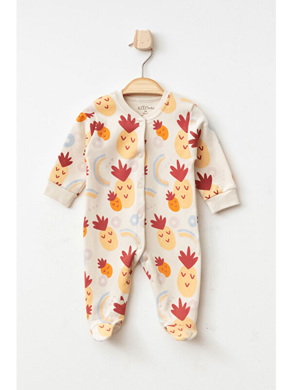 AZİZ BEBE Kız Bebek Çıtçıtlı Ananas Desenli Patikli Tulum 0 Ay - 3 Ay