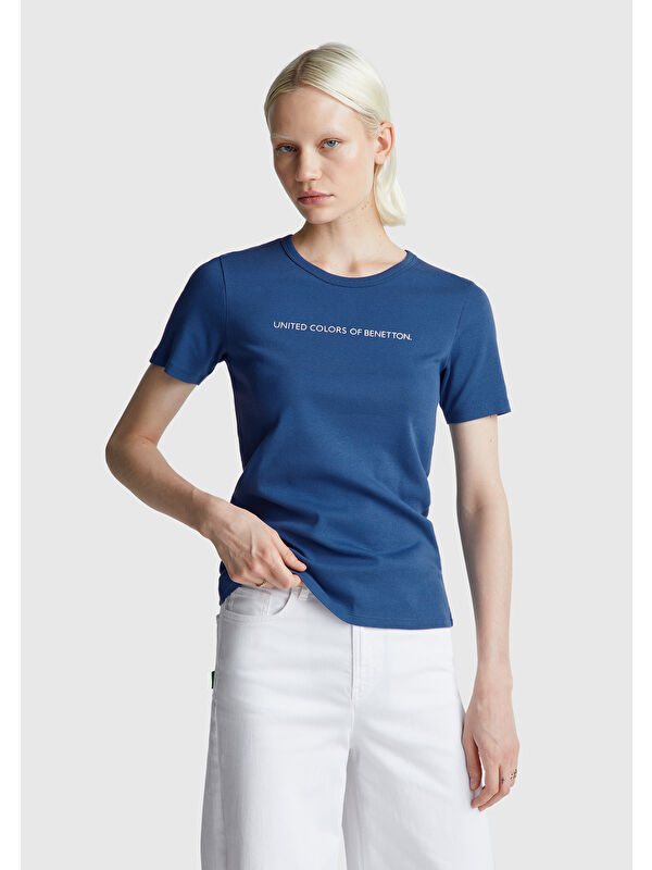 United Colors Of Benetton Kadın Gece Mavisi 100 Pamuk Benetton Yazılı Basic T Shirt