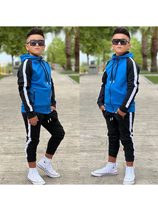 Pina Kids Unisex Şerit Detaylı Kapüşonlu Çocuk Eşofman Takımı ESF.1903