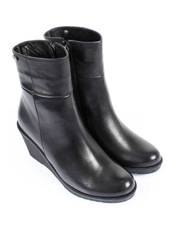 Hakiki Deri Yuvarlak Burun Kauçuk Dolgu Taban Topuklu Fermuarlı Kadın Günlük Bot 46416 - Görsel 3