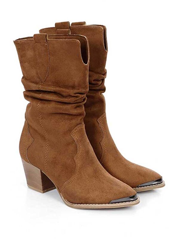 Gonderi(r) Kahverengi Gonderi(r) Sivri Burun Topuklu Körüklü Western Kovboy Kadın Günlük Kısa Çizme 32140