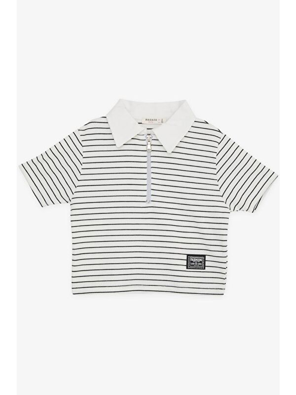 Breeze Kız Çocuk Crop Tişört Fermuarlı Çizgili Ekru (9-12 Yaş)