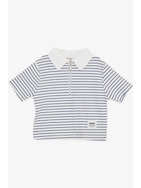 Breeze Kız Çocuk Crop Tişört Fermuarlı Çizgili Beyaz (9-11 Yaş)