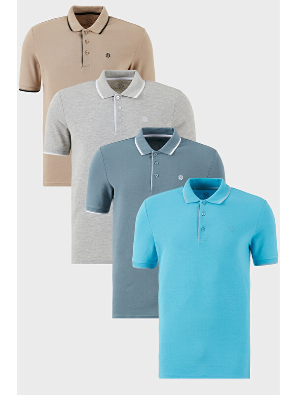 Buratti Pamuklu Regular Fit Şerit Detaylı Düğmeli Polo Yaka 4'lü Paket T Shirt 5902118S4
