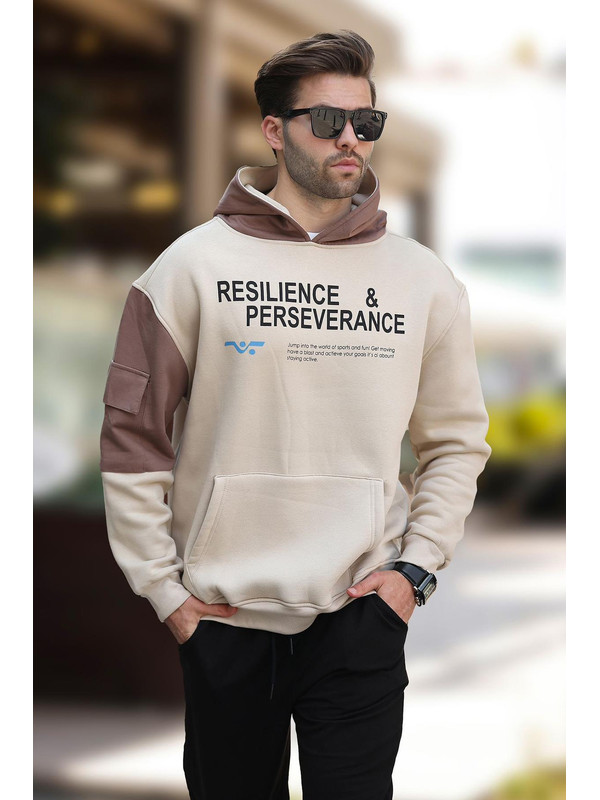 Madmext Bej Kapüşonlu Cep Detaylı Baskılı  Erkek Hoodie 7058