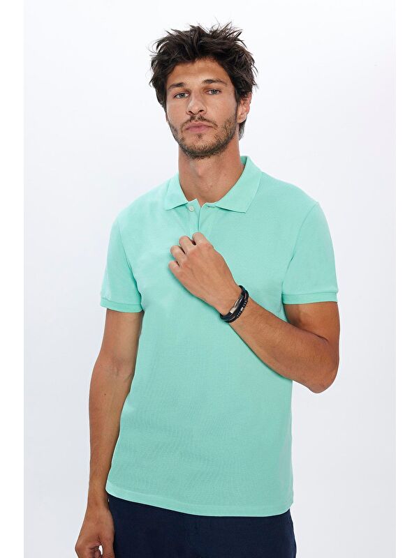 TUDORS Erkek Slim Fit Dar Kesim %100 Pamuk Yumuşak Dokulu Düz Pike Yeşil Polo Yaka Tişört