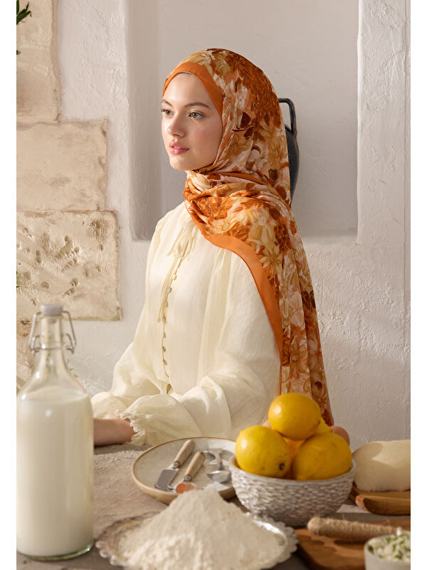 Fresh Scarfs Summer Bloom Desen Rami Şal Turuncu