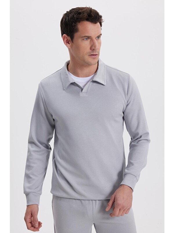 TUDORS Erkek Relax Fit Rahat Kesim Polo V Yaka Gri Sweatshirt