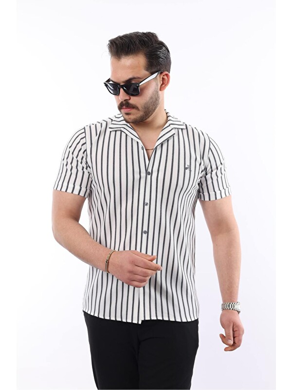 Comstar Erkek Kısa Kollu Slim Fit Yazlık Çizgili Gömlek