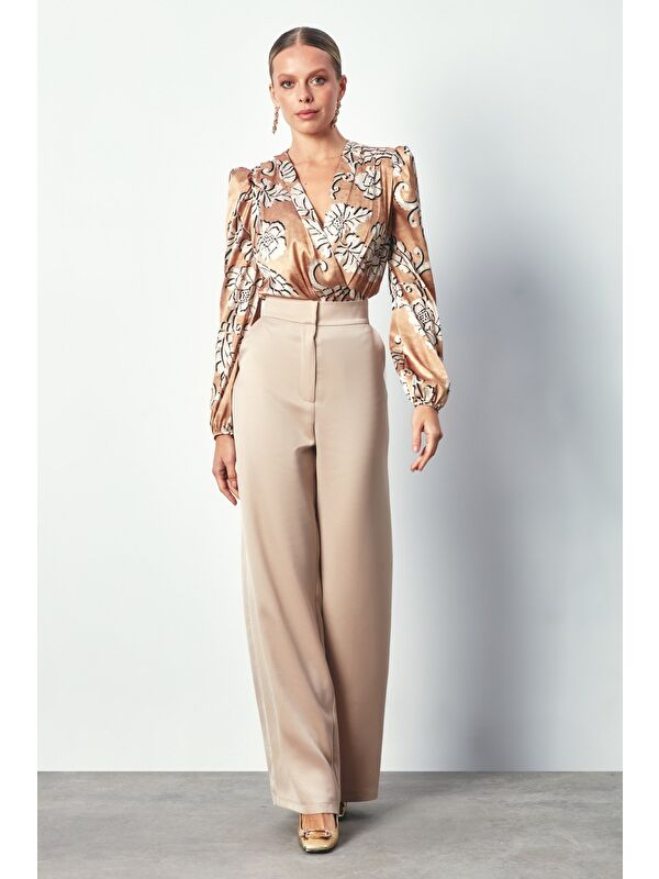 SATEEN Desenli Bodysuit Bluz - Camel