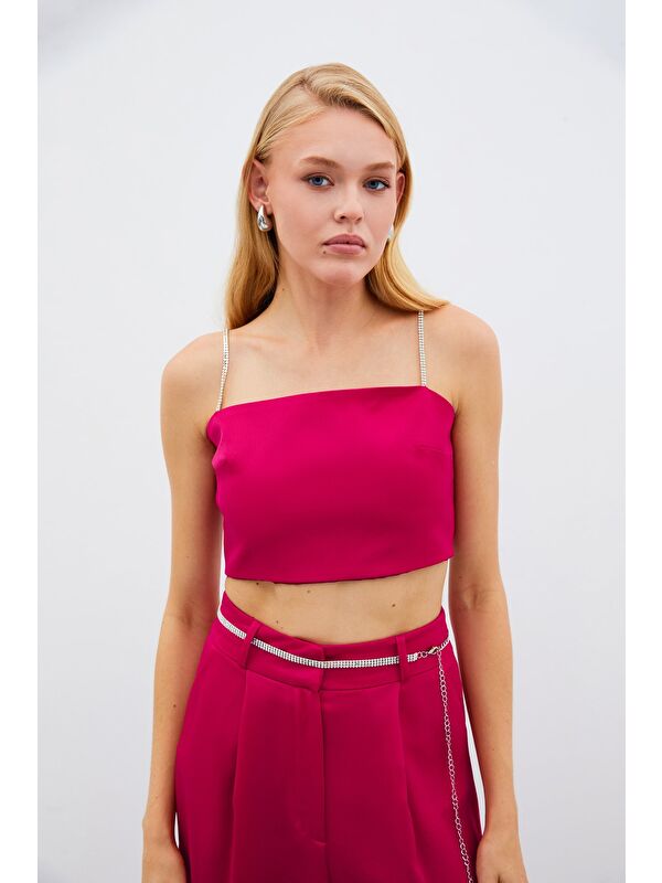 SATEEN Taş Askılı Saten Crop Bluz - Mercan