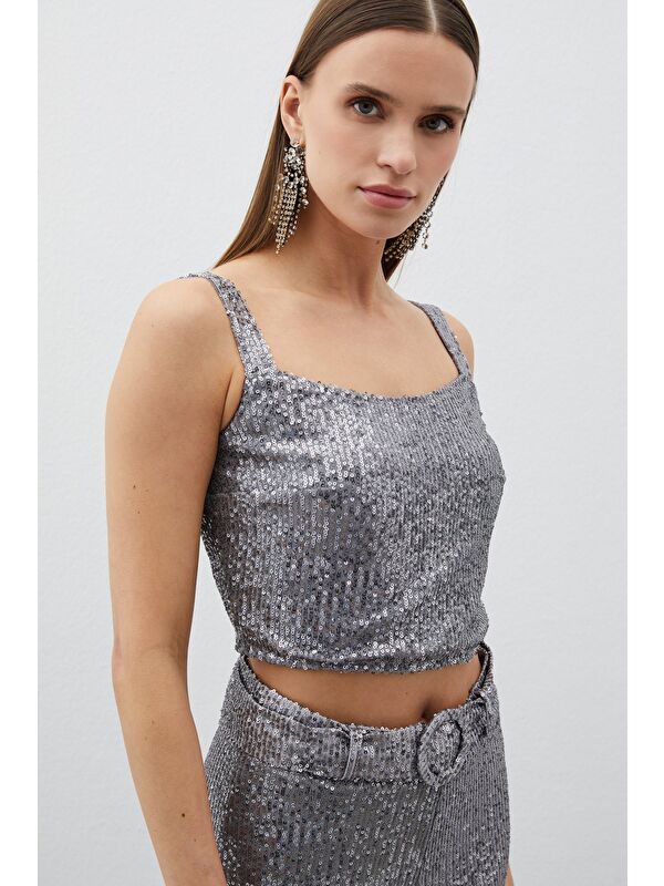 SATEEN Payetli Crop Bluz - Gümüş