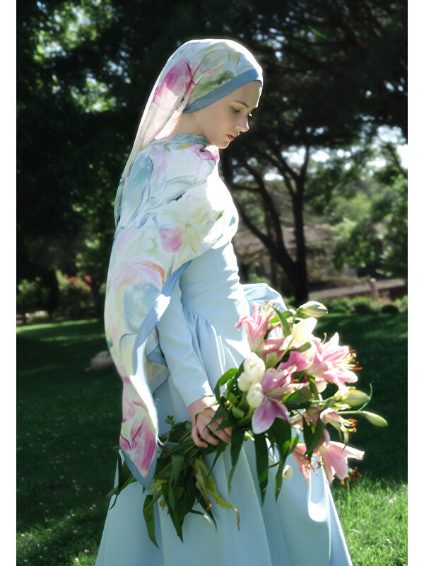Fresh Scarfs Soft Flora Floş Viskon Şal Mavi