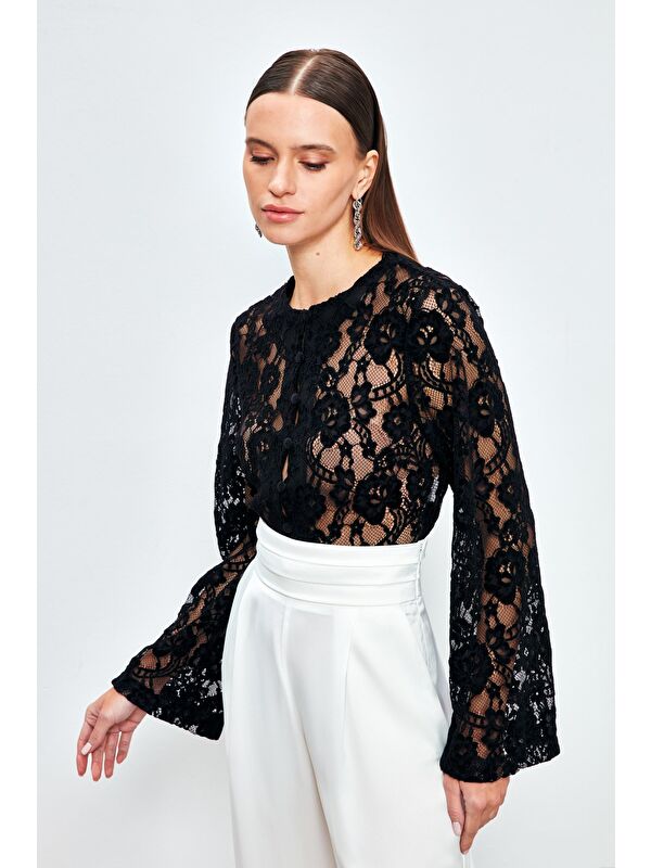 SATEEN Dantelli Crop Bluz - Siyah