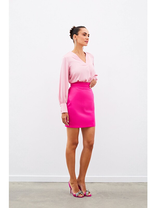 SATEEN V Yaka Saten Bluz - Pembe