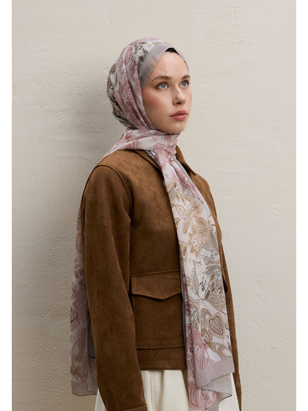Fresh Scarfs Meva Desen İpek Krep Şal Vizon