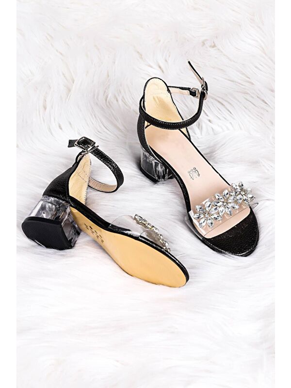 Yangu Vakko Taşlı Kız Çocuk 3 Cm Şeffaf Topuklu Sandalet Abiye Ayakkabı - Görsel 3