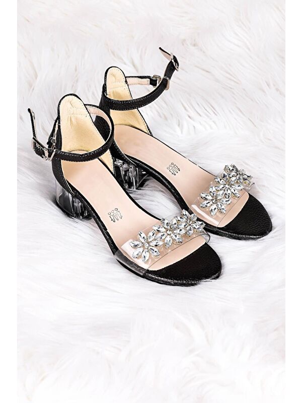 Yangu Vakko Taşlı Kız Çocuk 3 Cm Şeffaf Topuklu Sandalet Abiye Ayakkabı - Görsel 4