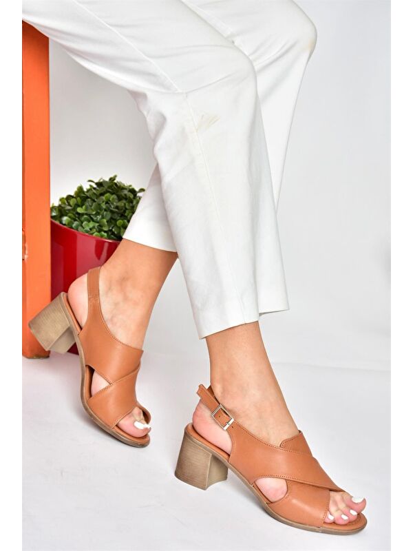 P555450503 Taba Hakiki Deri Kalın Topuklu Kadın Ayakkabı - Görsel 2