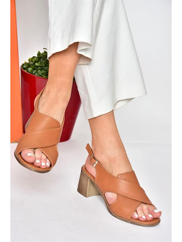 P555450503 Taba Hakiki Deri Kalın Topuklu Kadın Ayakkabı - Görsel 3