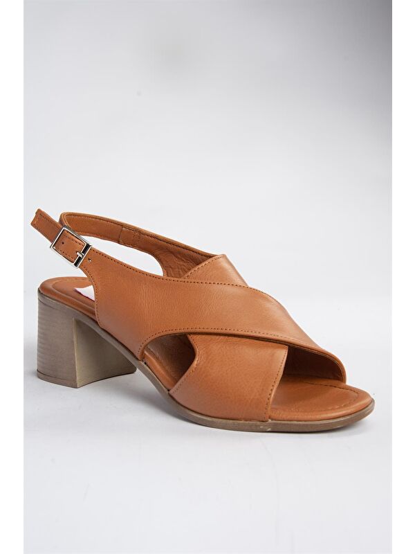 P555450503 Taba Hakiki Deri Kalın Topuklu Kadın Ayakkabı - Görsel 5