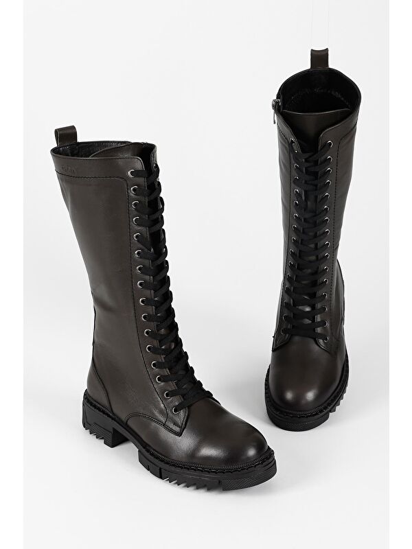 Hakiki Deri Yuvarlak Burunlu Bağcıklı Fermuarlı Kadın Çizme 46548 - Görsel 3