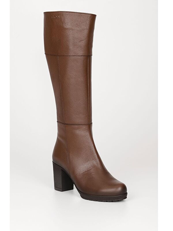 Hakiki Deri Yuvarlak Burun Kauçuk Taban Topuklu Fermuarlı Kadın Günlük Çizme 44602 - Görsel 5