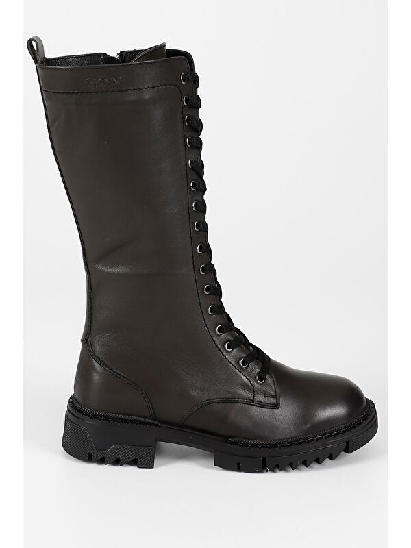 Hakiki Deri Yuvarlak Burunlu Bağcıklı Fermuarlı Kadın Çizme 46548 - Görsel 6