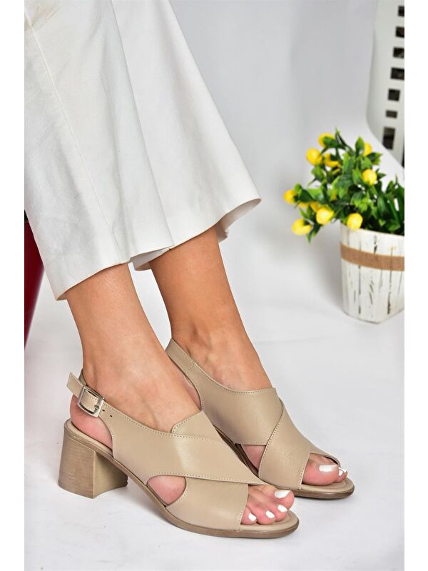 P555450503 Vizon Hakiki Deri Kalın Topuklu Kadın Ayakkabı - Görsel 3