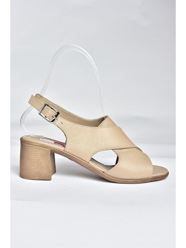 P555450503 Vizon Hakiki Deri Kalın Topuklu Kadın Ayakkabı - Görsel 5